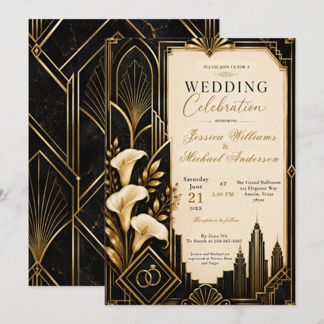 Invitation Carton d'invitation de mariage Art déco (Devant / Derrière)