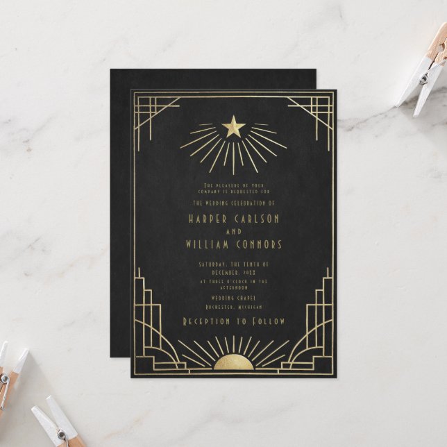 Invitation Carton d'invitation de mariage Art Déco céleste Eq (Devant/Arrière en situation)