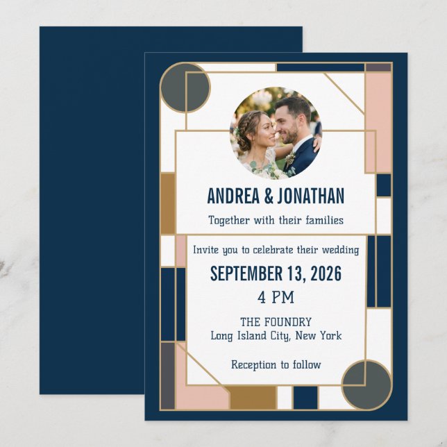 Invitation Carton d'invitation de mariage Art Déco modifiable (Devant / Derrière)