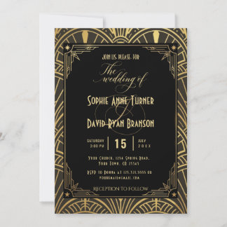 Invitation Carton d'invitation de mariage Art déco noir or él