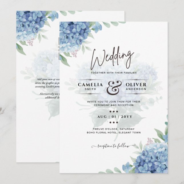 Invitation Carton d'invitation de mariage au code QR Hydrange (Devant / Derrière)