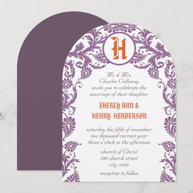 Invitation Carton d'invitation de mariage au damas de prune o (Devant / Derrière)