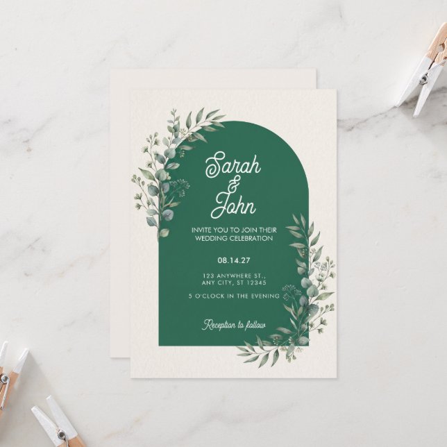 Invitation Carton d'invitation de mariage au eucalyptus et à  (Devant/Arrière en situation)