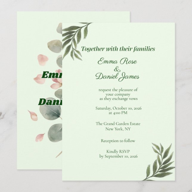 Invitation Carton d'invitation de mariage au eucalyptus vert  (Devant / Derrière)