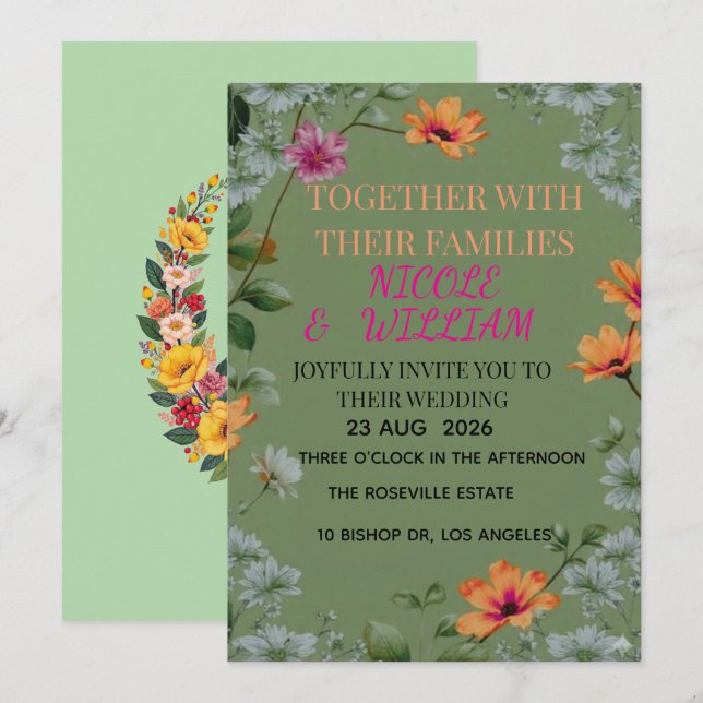 Invitation Carton d'invitation de mariage au jardin floral ve (Devant / Derrière)