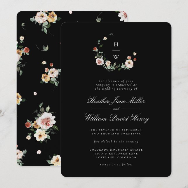 Invitation Carton d'invitation de mariage au monogramme noir (Devant / Derrière)