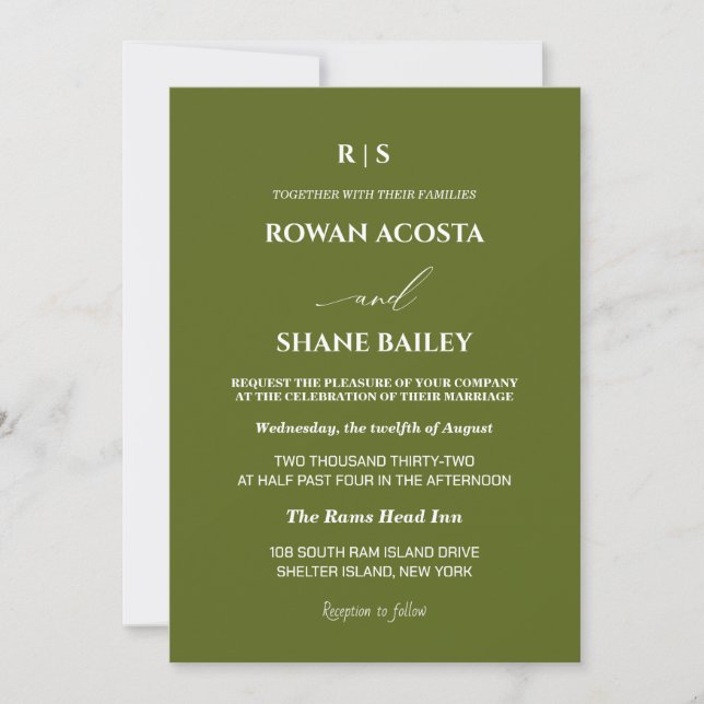 Invitation Carton d'invitation de mariage au monogramme vert  (Devant)
