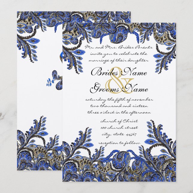 Invitation Carton d'invitation de mariage au paon paisley ble (Devant / Derrière)