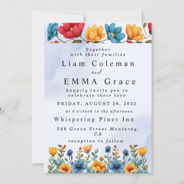 Invitation Carton d'invitation de mariage aux fleurs à l'aqua (Devant)