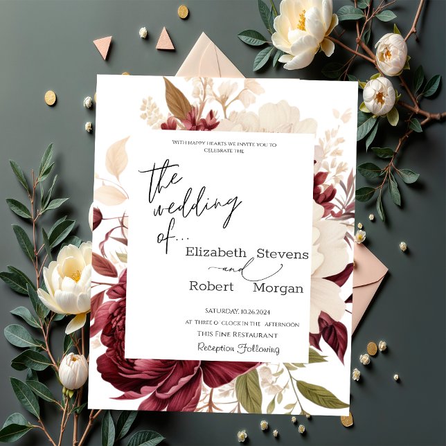 Invitation Carton d'invitation de mariage aux fleurs de Bourg (Créateur téléchargé)