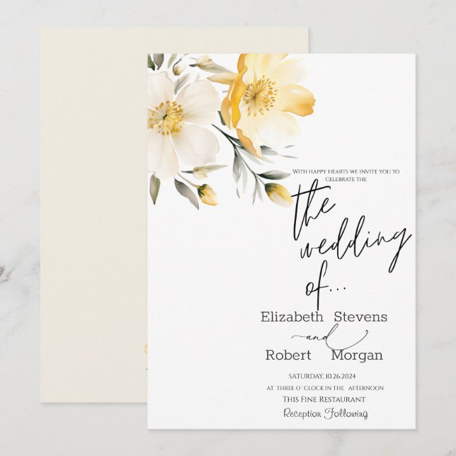 Invitation Carton d'invitation de mariage aux fleurs jaunes c (Devant / Derrière)