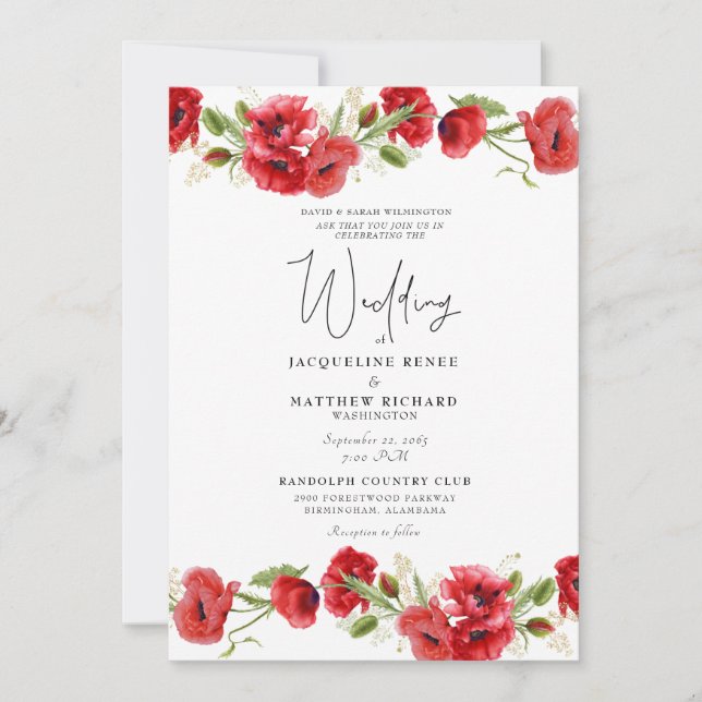 Invitation Carton d'invitation de mariage aux fleurs rouges c (Devant)
