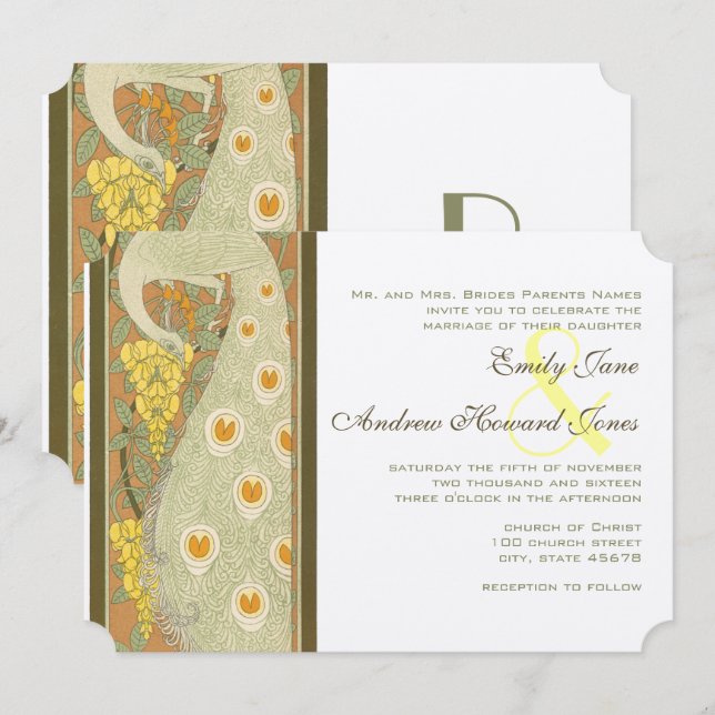Invitation Carton d'invitation de mariage aux oiseaux paon Ar (Devant / Derrière)