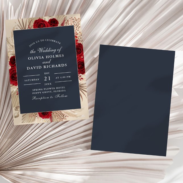 Invitation Carton d'invitation de mariage aux roses de Bourgo (Midnight Blue Burgundy Roses Wedding Invitation on a sunny white dry palm leaf.)