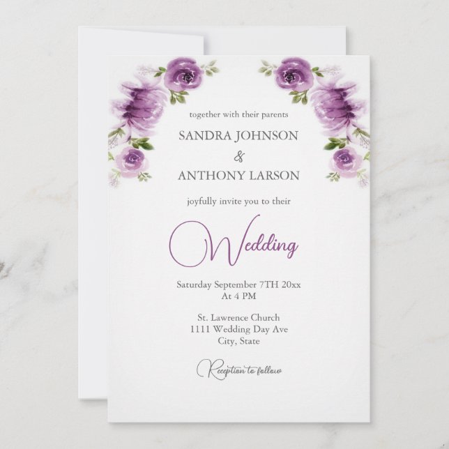 Invitation Carton d'invitation de mariage aux roses fuchsia e (Devant)
