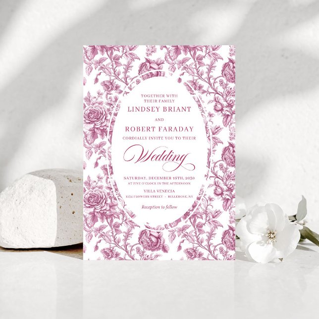 Invitation Carton d'invitation de mariage aux roses toile de  (Classic French Toile Roses Pink Wedding Invitation)