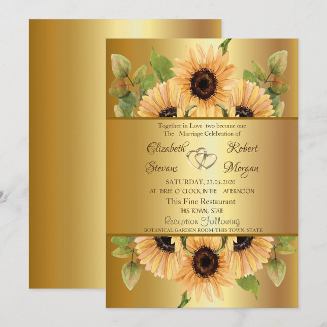 Invitation Carton d'invitation de mariage aux tournesols doré (Devant / Derrière)