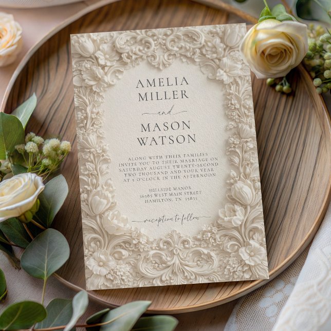 Invitation Carton d'invitation de mariage baroque floral crèm (Cream Baroque Floral Ornate Wedding Invitation)