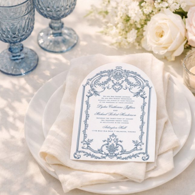 Invitation Carton d'invitation de mariage baroque orné bleu f (Créateur téléchargé)