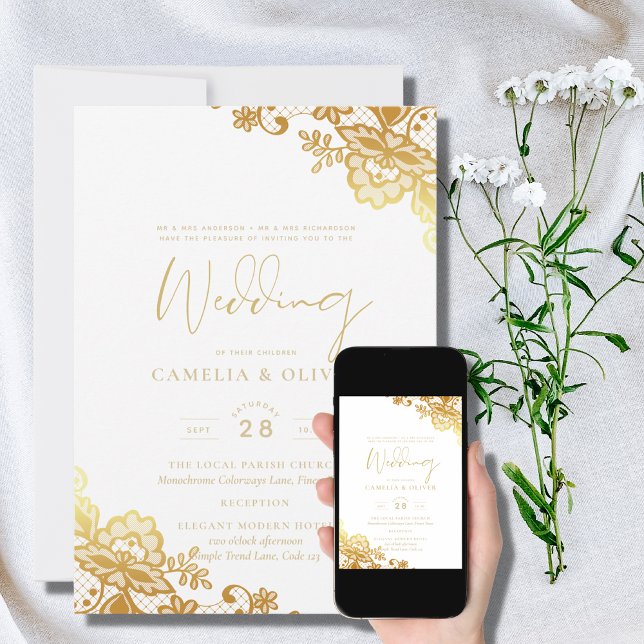 Invitation Carton d'invitation de mariage blanc avec dentelle (Créateur téléchargé)