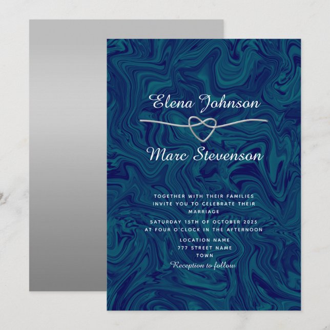 Invitation Carton d'invitation de mariage bleu argent marbré  (Devant / Derrière)