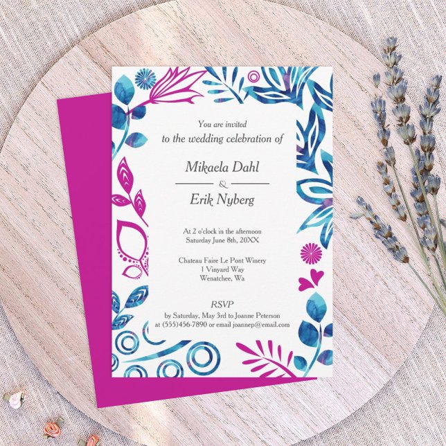Invitation Carton d'invitation de mariage bleu royal et rose  (royal blue and magenta pink wedding invitation with floral border frame)