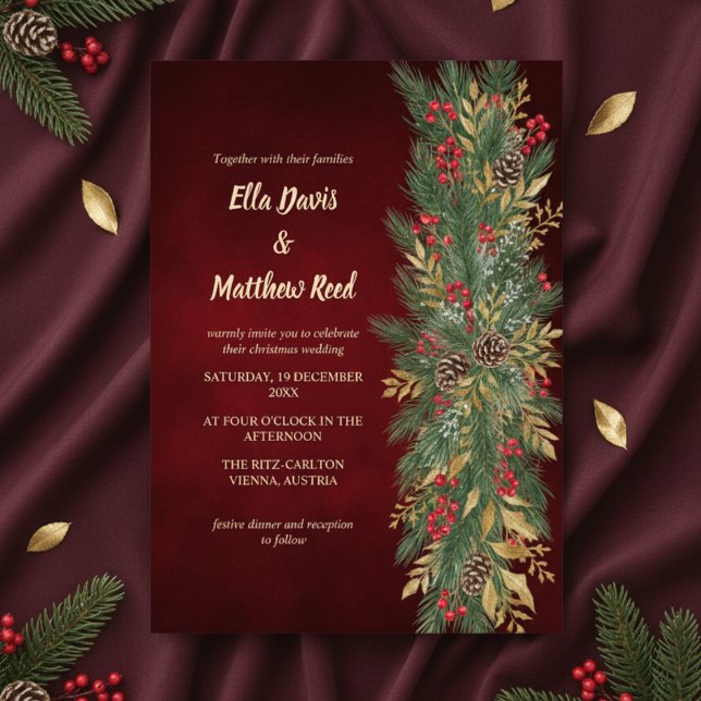 Invitation Carton d'invitation de mariage botanique de Noël e (Red Velvet Christmas Botanical Wedding Invitation)