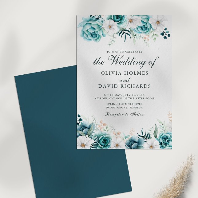 Invitation Carton d'invitation de mariage botanique floral sa (Modern Off-White Teal Floral Wedding Invitation on a white table.)