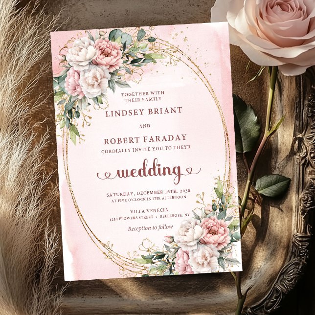 Invitation Carton d'invitation de mariage botanique Rose Gold (Chic Rose Gold Blush Botanical Wedding Invitation)