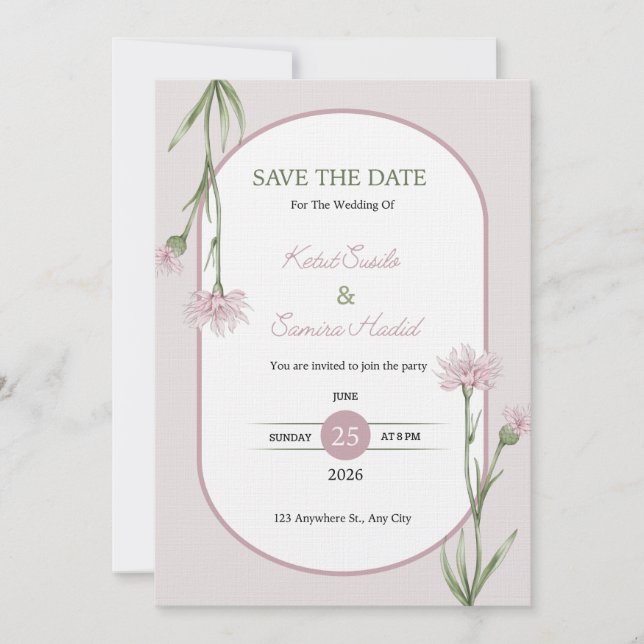 Invitation Carton d'invitation de mariage botanique rose tend (Devant)