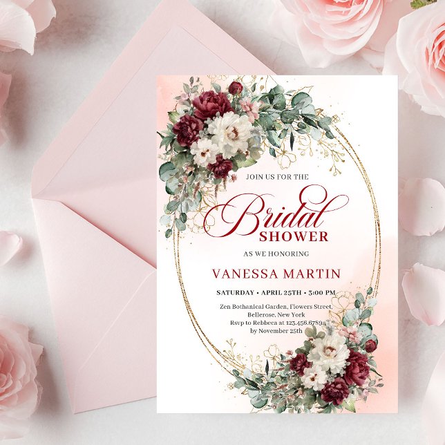 Invitation Carton d'invitation de mariage chic rouge profond  (Chic Deep Red Peony Gold Bridal Shower Invitation

)