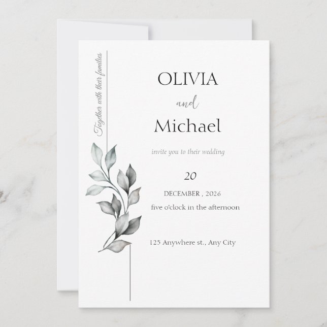 Invitation Carton d'invitation de mariage classique à feuilla (Devant)