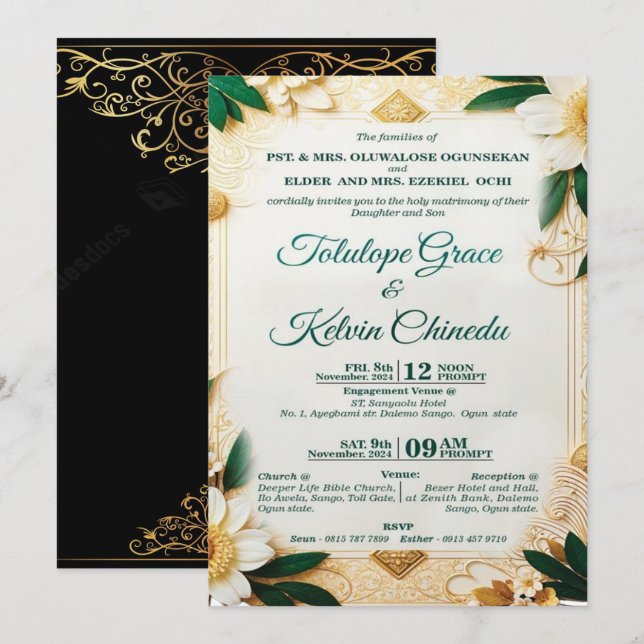 Invitation Carton d'invitation de mariage classique or et ver (Devant / Derrière)