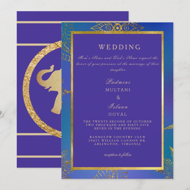 Invitation Carton d'invitation de mariage couleur bleu royal  (Devant / Derrière)