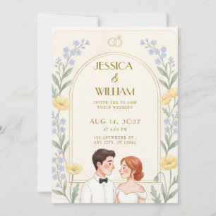 Invitation Carton d'invitation de mariage couple floral bleu