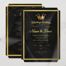 Carton d'invitation de mariage Couronne Noir & Or