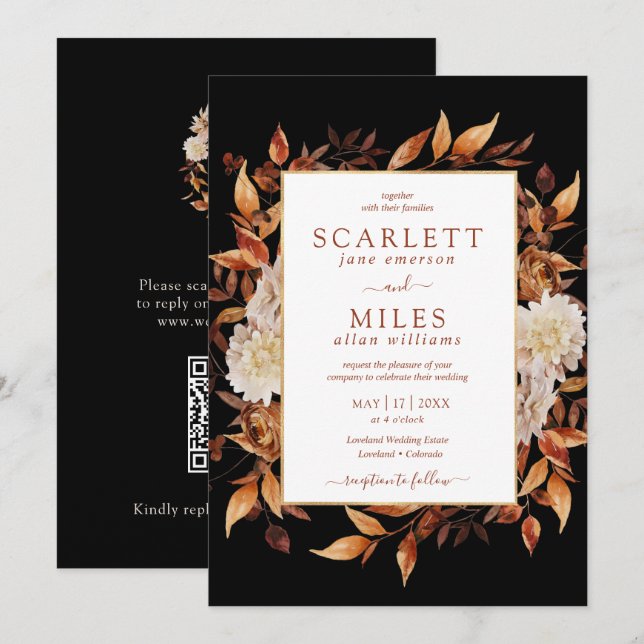 Invitation Carton d'invitation de mariage d'automne noir (Devant / Derrière)