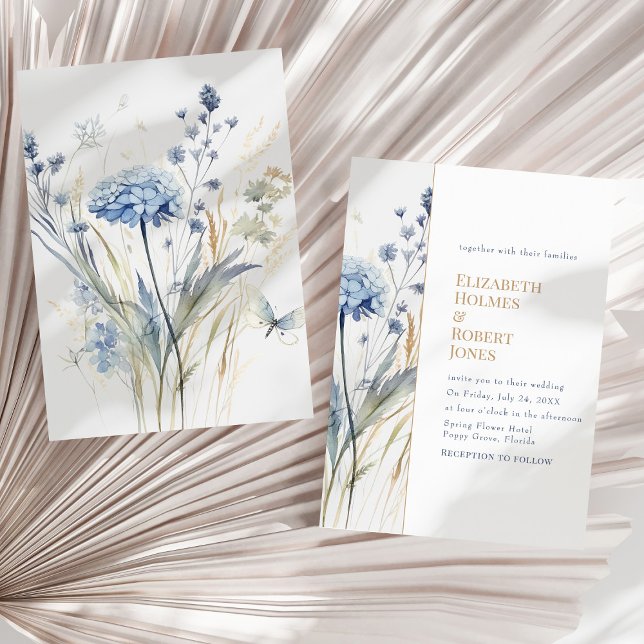 Invitation Carton d'invitation de mariage de jardin à l'hydra (Boho Chic French Blue Wildflowers Wedding Invitation  on a sunny neutral dry palm leaf.)