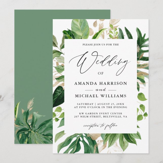 Invitation Carton d'invitation de mariage d'été aux feuilles  (Devant / Derrière)