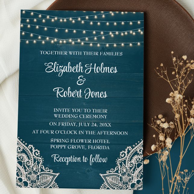 Invitation Carton d'invitation de mariage Élégance rustique s (Dark Teal Wooden  String Lights and Lace Wedding Invitation on brown plate with dry wildflowers)