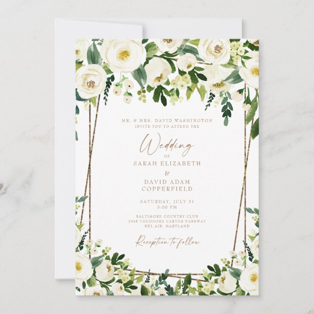 Invitation Carton d'invitation de mariage élégant blanc flora (Devant)