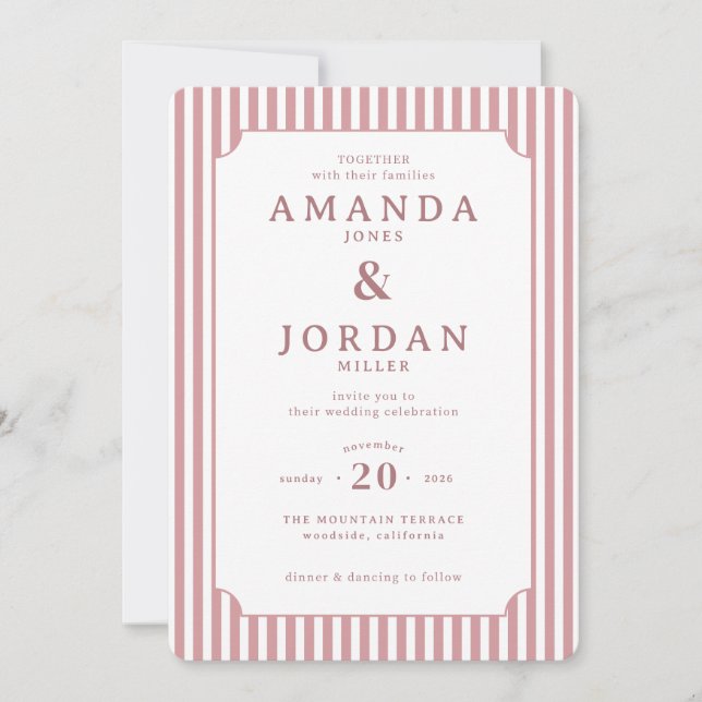 Invitation Carton d'invitation de mariage élégant rayé rose (Devant)