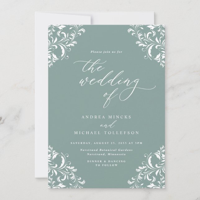 Invitation Carton d'invitation de mariage élégant vert de mer (Devant)