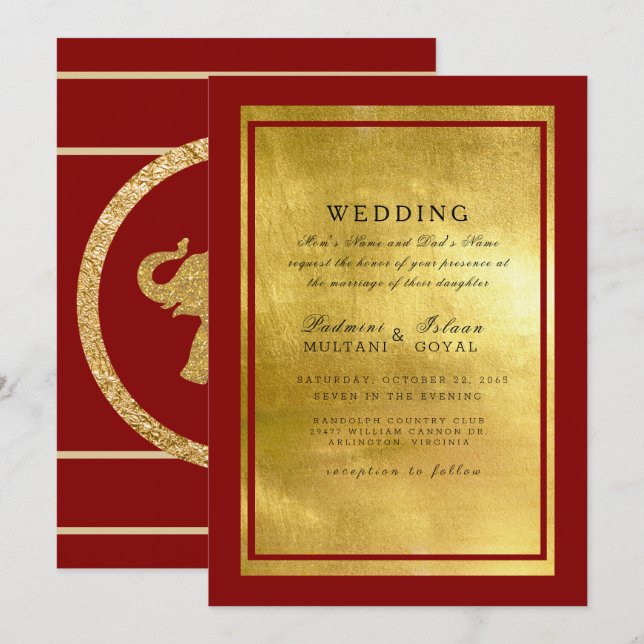 Invitation Carton d'invitation de mariage éléphant indien rou (Devant / Derrière)
