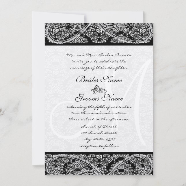 Invitation Carton d'invitation de mariage en damas à monogram (Devant)