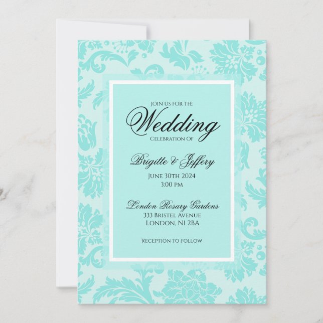 Invitation Carton d'invitation de mariage en damas sarcelle (Devant)