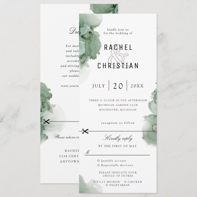 Invitation carton d'invitation de mariage en géode vert émera (Devant / Derrière)