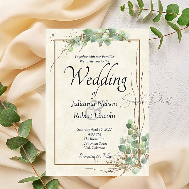 Invitation Carton d'invitation de mariage Eucalyptus et or bu (Créateur téléchargé)