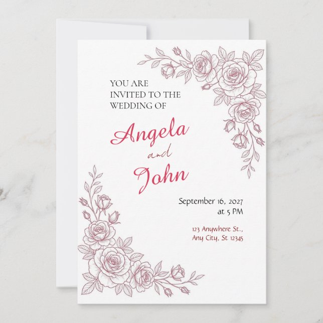 Invitation Carton d'invitation de mariage Fine Line Red Rose (Devant)