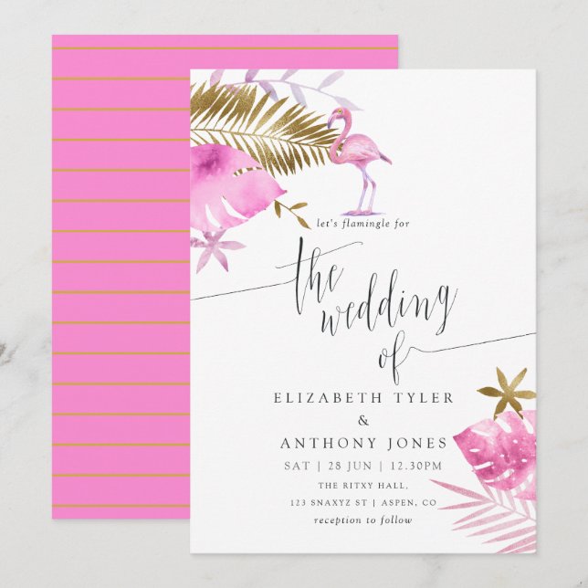 Invitation Carton d'invitation de mariage flamant rose tropic (Devant / Derrière)